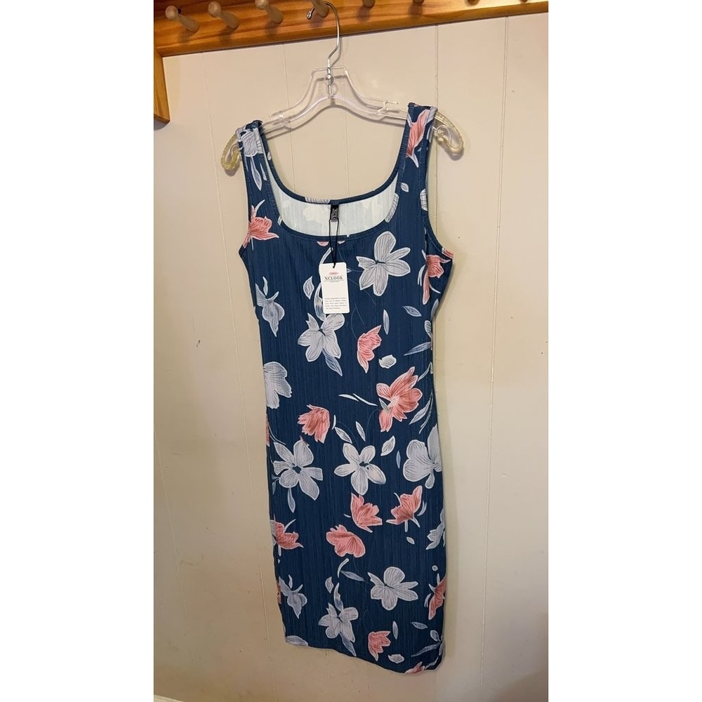 NCLOOK Blue Sleeveless Floral Midi Dress - Pink and White Flowers, Size L